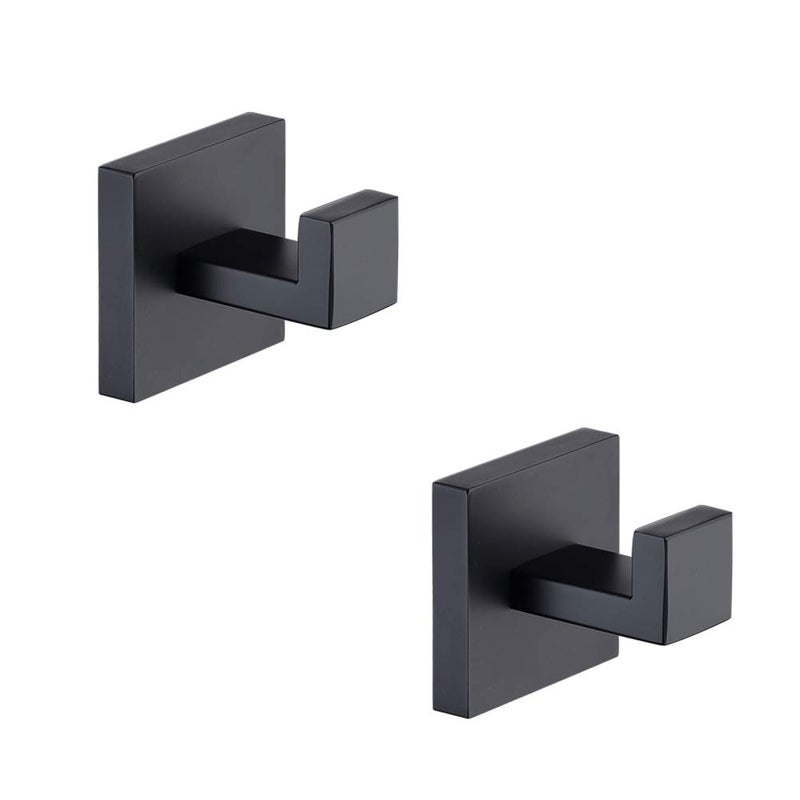 TASTOS Bath Towel Hooks Matte Black, 2 Pack Stainless Steel Robe Coat and Clothes Hook, Heavy Duty Wall Hook for Bathroom & Kitchen, Modern Square Style Wall Mounted (Black) - Image 1